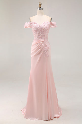 Pink A Line Off the Shoulder Satin Maxi Prom Dress with Appliques