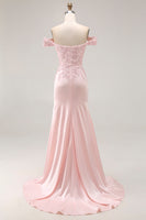 Load image into Gallery viewer, Pink A Line Satin Off the Shoulder Maxi Prom Dress with Appliques