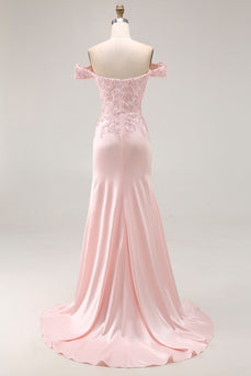 Pink A Line Off the Shoulder Satin Maxi Prom Dress with Appliques