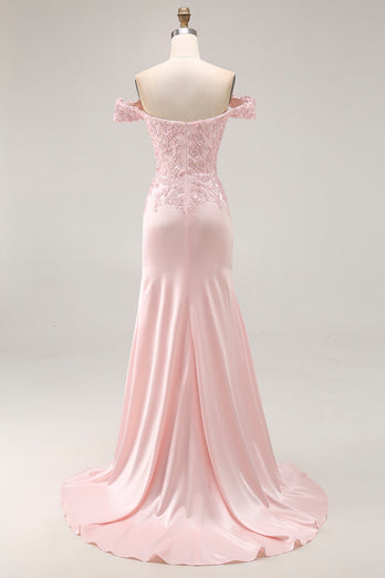 Pink A Line Off the Shoulder Satin Maxi Prom Dress with Appliques