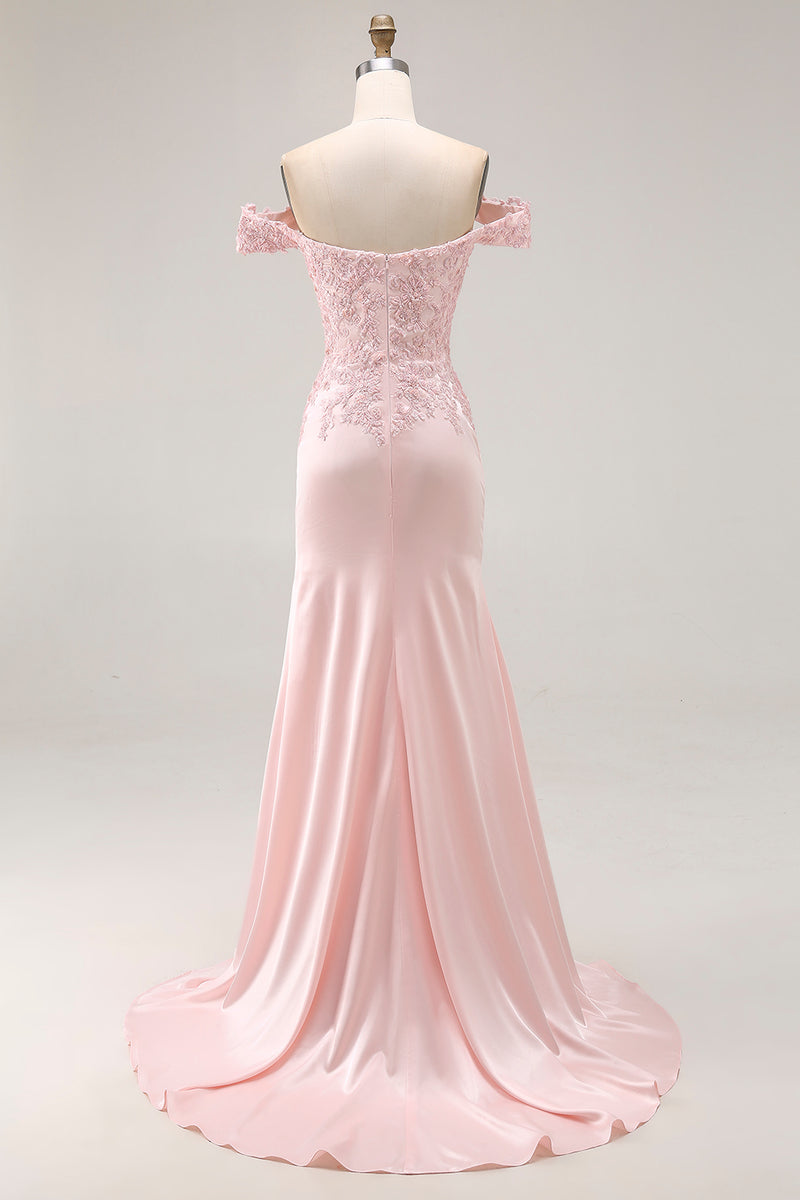 Load image into Gallery viewer, Pink A Line Off the Shoulder Satin Maxi Prom Dress with Appliques