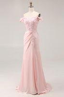 Load image into Gallery viewer, Pink A Line Off the Shoulder Satin Maxi Prom Dress with Appliques
