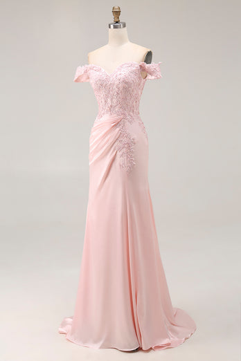 Pink A Line Off the Shoulder Satin Maxi Prom Dress with Appliques
