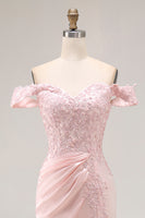 Load image into Gallery viewer, Pink A Line Off the Shoulder Satin Maxi Prom Dress with Appliques