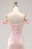Load image into Gallery viewer, Pink A Line Off the Shoulder Satin Maxi Prom Dress with Appliques