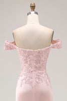 Load image into Gallery viewer, Pink A Line Off the Shoulder Satin Maxi Prom Dress with Appliques