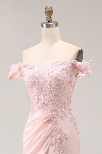 Pink A Line Off the Shoulder Satin Maxi Prom Dress with Appliques