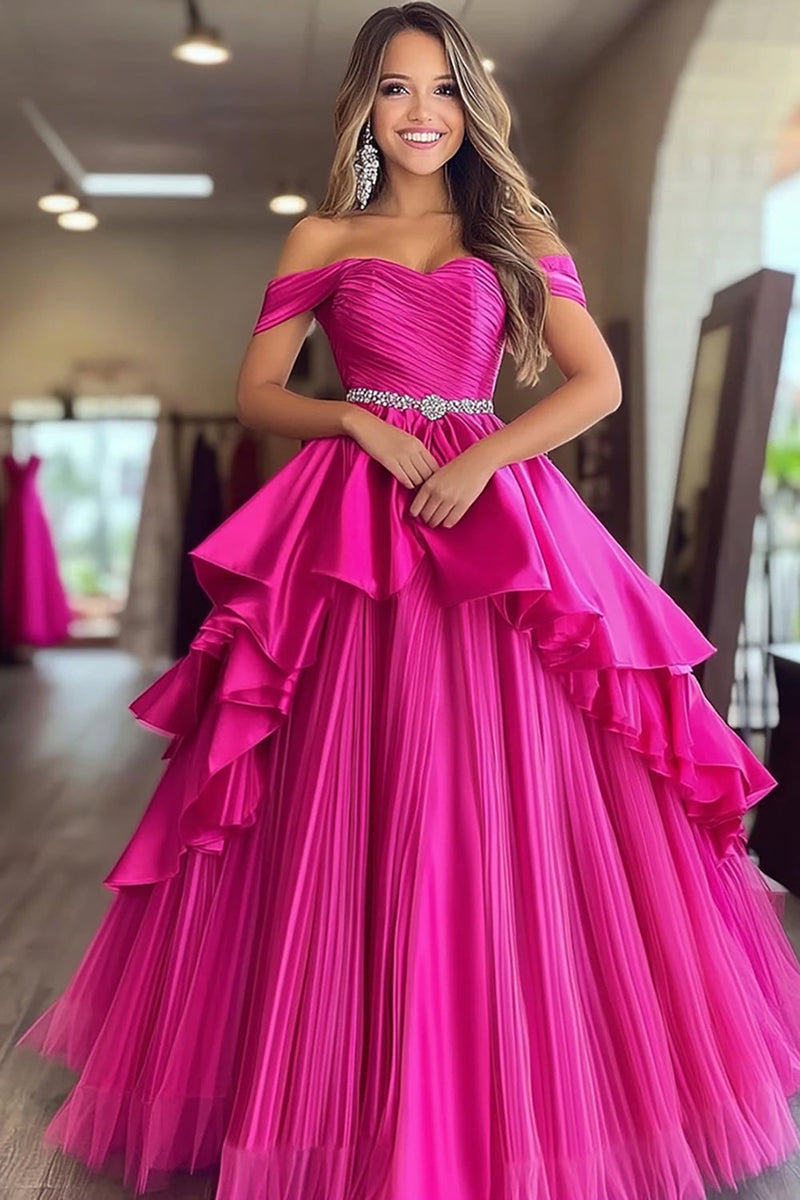 Load image into Gallery viewer, Fuchsia Ball Gown Satin Ruched Pleated Long Prom Dress with Ruffles