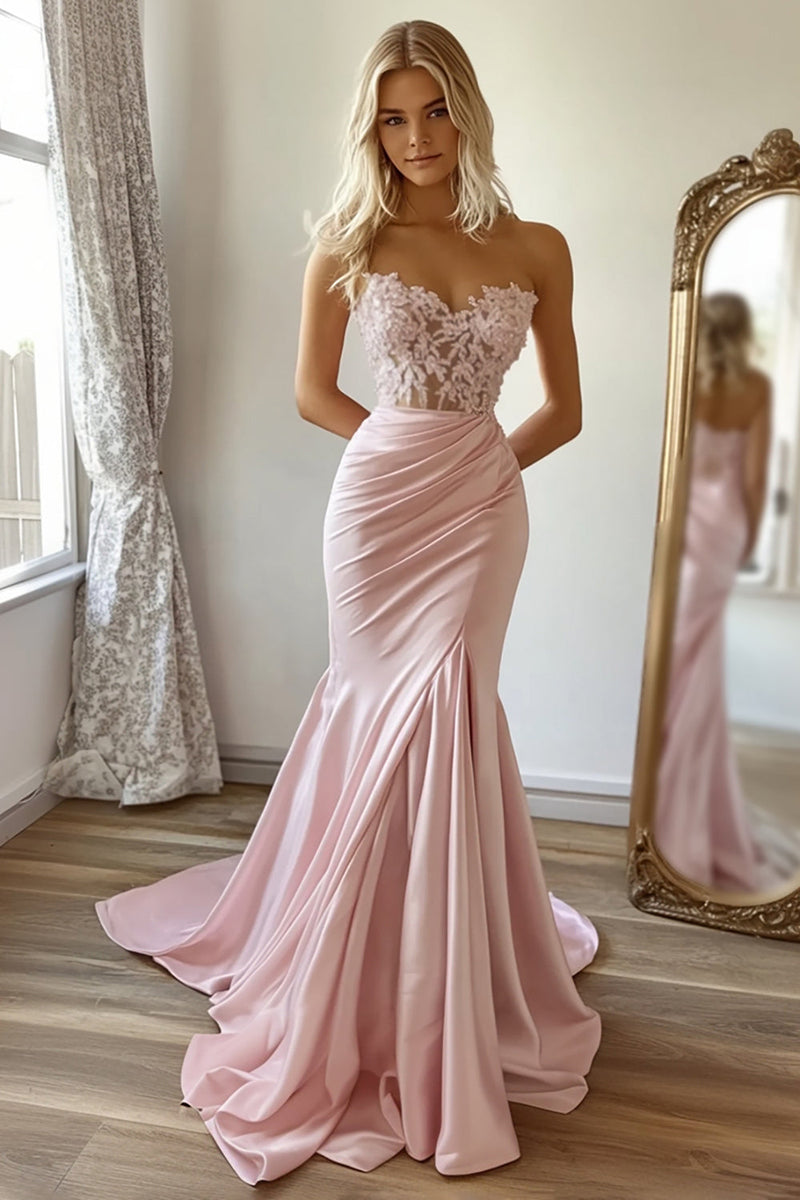 Load image into Gallery viewer, Pink Mermaid Satin Strapless Long Prom Dress with Lace Appliques