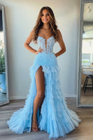 Load image into Gallery viewer, Sky Blue Chiffon A Line V-Neck Long Prom Dress with Slit