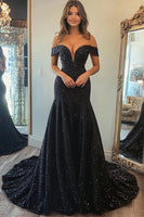 Load image into Gallery viewer, Black Sequins A Line Off the Shoulder Long Prom Dress