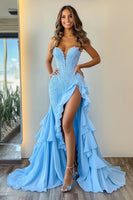Load image into Gallery viewer, Sky Blue Chiffon Mermaid Strapless Long Prom Dress with Slit