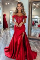 Load image into Gallery viewer, Red Satin Mermaid Off the Shoulder Long Prom Dress with Slit