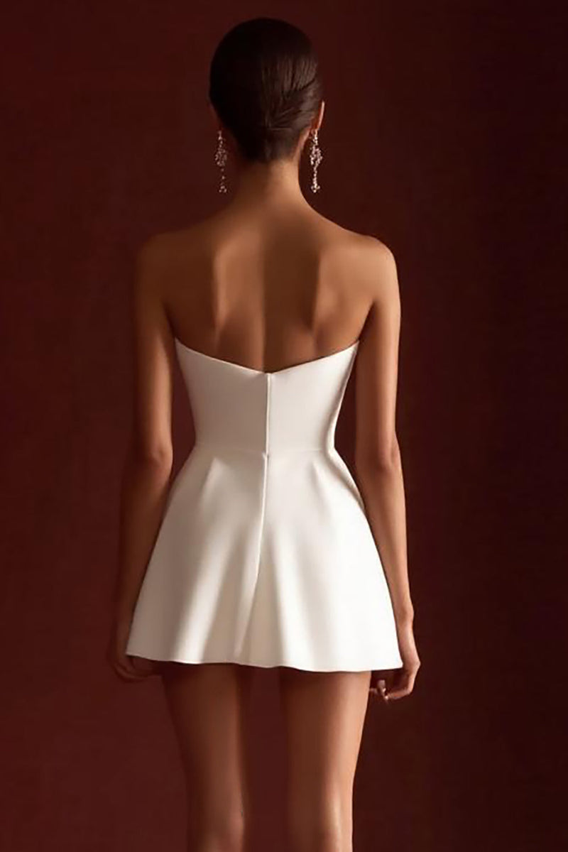Load image into Gallery viewer, Satin A Line Strapless Sweetheart Little White Dress with Bow