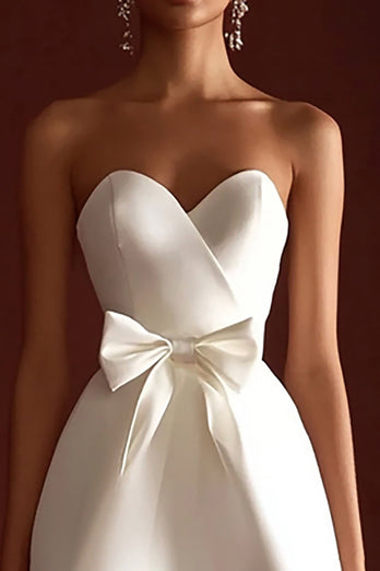 Satin A Line Strapless Sweetheart Little White Dress with Bow