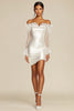 Load image into Gallery viewer, Satin Off the Shoulder Sheath Little White Dress with Lace Sleeves