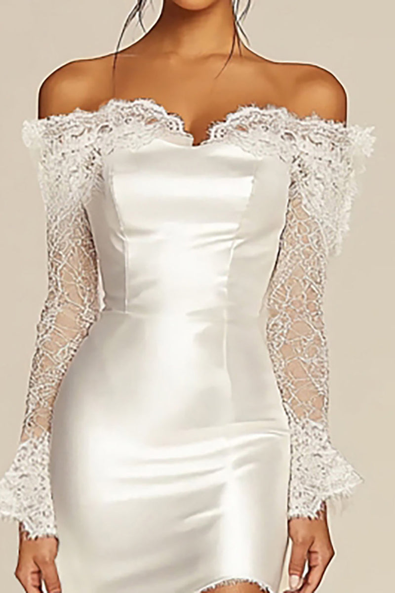 Load image into Gallery viewer, Satin Off the Shoulder Sheath Little White Dress with Lace Sleeves