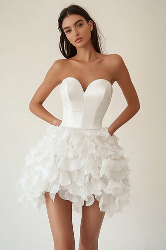 Satin Strapless Sweetheart Tiered A Line Little White Dress
