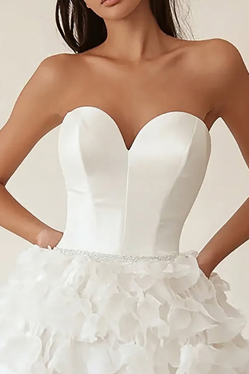 Load image into Gallery viewer, Satin Strapless Sweetheart Tiered A Line Little White Dress
