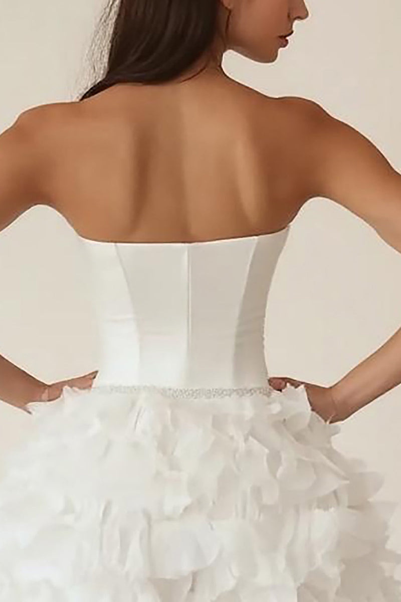 Load image into Gallery viewer, Satin Strapless Sweetheart Tiered A Line Little White Dress