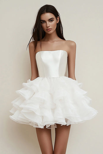 Satin Tiered Strapless A Line Little White Dress