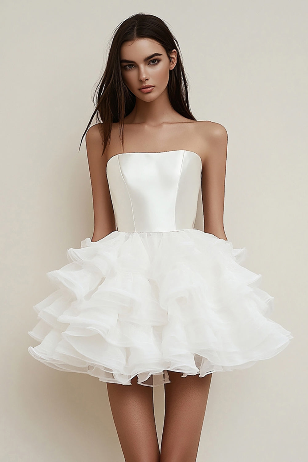 Satin Tiered Strapless A Line Little White Dress