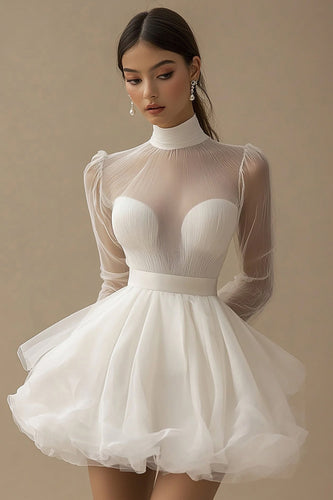 Tulle Tiered Little White Dress with Long Sleeves