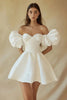 Load image into Gallery viewer, Satin A Line Off the Shoulder Little White Dress with Ruffles