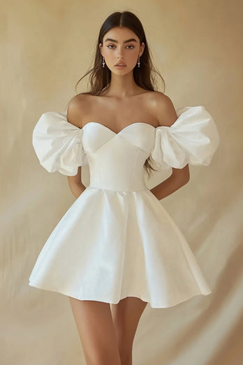 Satin A Line Off the Shoulder Little White Dress with Ruffles