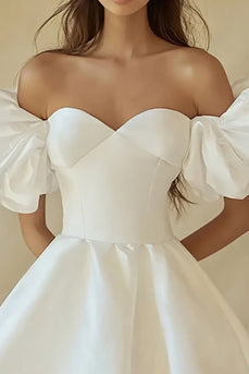 Satin A Line Off the Shoulder Little White Dress with Ruffles
