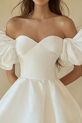 Satin A Line Off the Shoulder Little White Dress with Ruffles