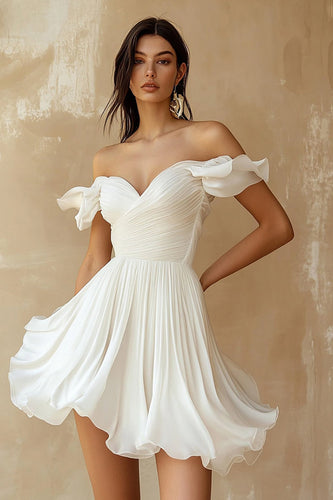 Chiffon Pleated A Line Off the Shoulder Little White Dress with Ruffles