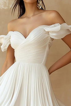Chiffon Pleated A Line Off the Shoulder Little White Dress with Ruffles