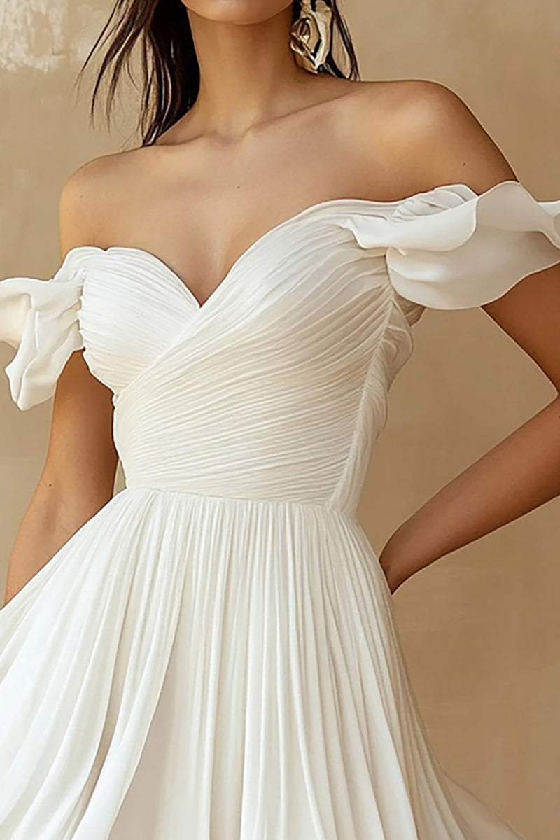 Load image into Gallery viewer, Chiffon Pleated A Line Off the Shoulder Little White Dress with Ruffles
