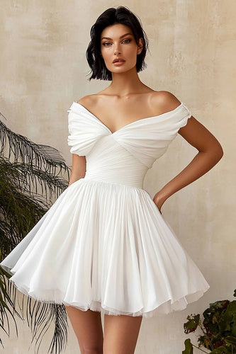 Chiffon Pleated A Line Little White Dress with Ruffles
