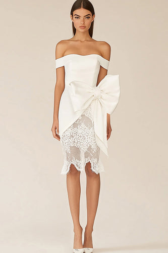Sheath Satin Lace Little White Dress with Bow