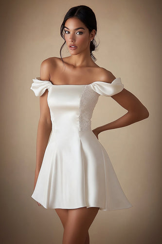 A Line Off the Shoulder Satin Little White Dress