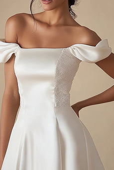 A Line Off the Shoulder Satin Little White Dress