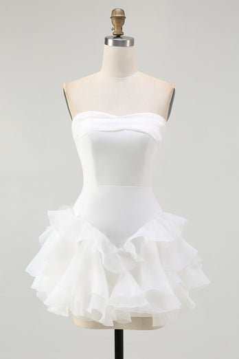 A Line Strapless Tiered Strapless Little White Dress