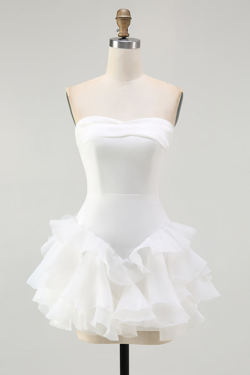 Load image into Gallery viewer, A Line Strapless Tiered Strapless Little White Dress