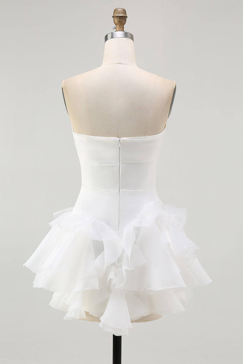 Load image into Gallery viewer, A Line Strapless Tiered Strapless Little White Dress
