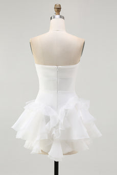 White A Line Strapless Tiered Strapless Short Wedding Dress