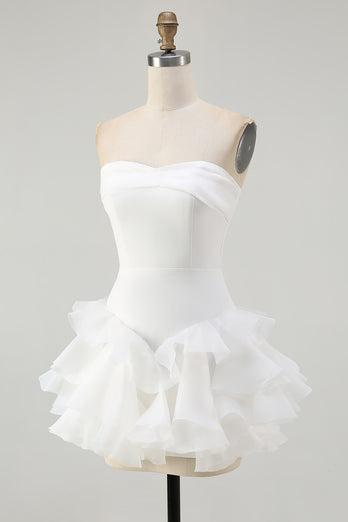 White A Line Strapless Tiered Strapless Short Wedding Dress
