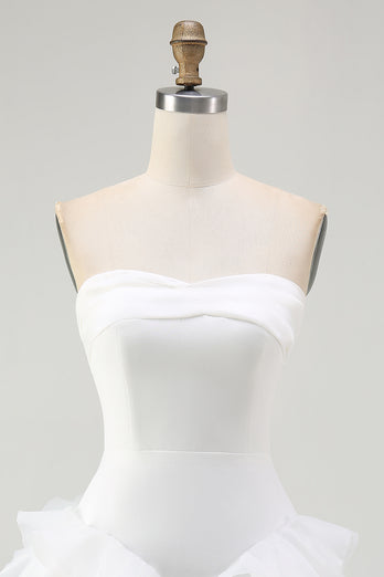 White A Line Strapless Tiered Strapless Short Wedding Dress