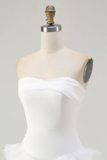 White A Line Strapless Tiered Strapless Short Wedding Dress