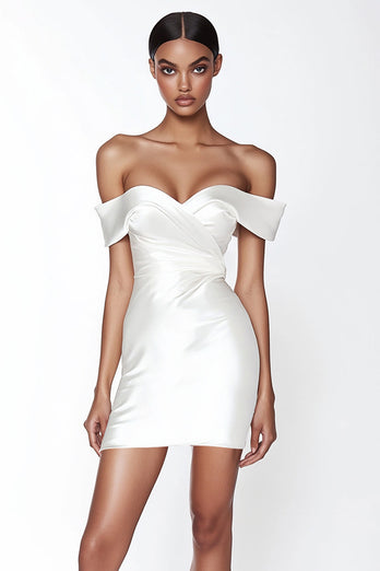Satin Sweetheart Off the Shoulder Ruched Sheath Little White Dress