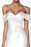 Load image into Gallery viewer, Satin Sweetheart Off the Shoulder Ruched Sheath Little White Dress