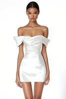 Load image into Gallery viewer, Satin Ruched Off the Shoulder Sheath Little White Dress