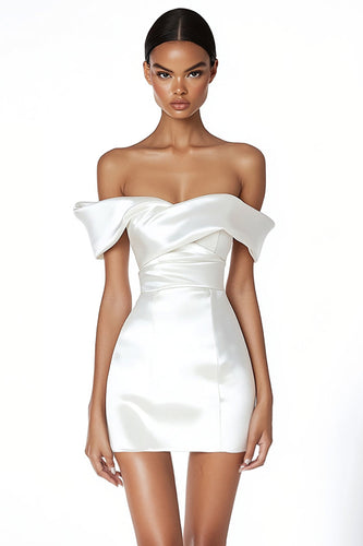 Satin Ruched Off the Shoulder Sheath Little White Dress