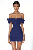 Load image into Gallery viewer, Satin Ruched Off the Shoulder Sheath Little White Dress